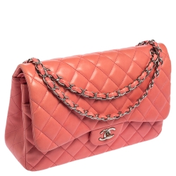 Pre Owned Chanel Pink Quilted Lambskin Leather Jumbo Classic Single Flap Bag