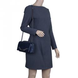 Pre Owned Chanel Navy Blue Crackled Leather with Chanel Name Plate Flap Bag