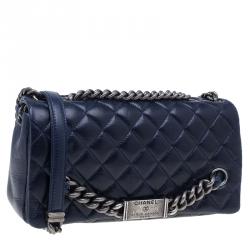 Pre Owned Chanel Navy Blue Crackled Leather with Chanel Name Plate Flap Bag