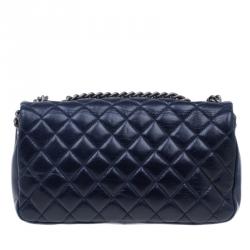 Pre Owned Chanel Navy Blue Crackled Leather with Chanel Name Plate Flap Bag