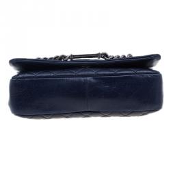 Pre Owned Chanel Navy Blue Crackled Leather with Chanel Name Plate Flap Bag