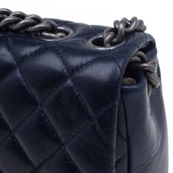 Pre Owned Chanel Navy Blue Crackled Leather with Chanel Name Plate Flap Bag