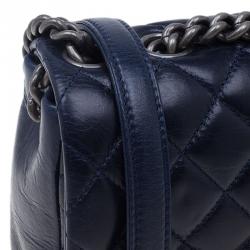 Pre Owned Chanel Navy Blue Crackled Leather with Chanel Name Plate Flap Bag