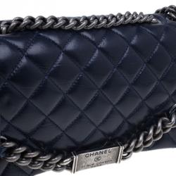 Pre Owned Chanel Navy Blue Crackled Leather with Chanel Name Plate Flap Bag