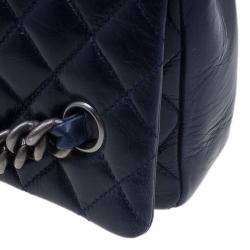 Pre Owned Chanel Navy Blue Crackled Leather with Chanel Name Plate Flap Bag