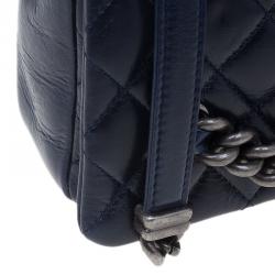 Pre Owned Chanel Navy Blue Crackled Leather with Chanel Name Plate Flap Bag