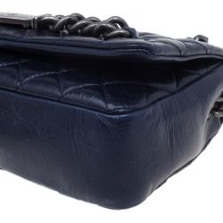 Pre Owned Chanel Navy Blue Crackled Leather with Chanel Name Plate Flap Bag