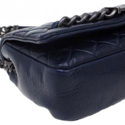 Pre Owned Chanel Navy Blue Crackled Leather with Chanel Name Plate Flap Bag
