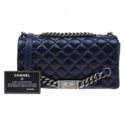 Pre Owned Chanel Navy Blue Crackled Leather with Chanel Name Plate Flap Bag