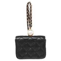 Pre Owned Chanel Black Caviar Leather CC Pearl Flap Coin Purse With Chain 