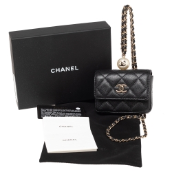 Pre Owned Chanel Black Caviar Leather CC Pearl Flap Coin Purse With Chain 
