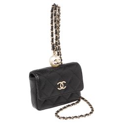 Pre Owned Chanel Black Caviar Leather CC Pearl Flap Coin Purse With Chain 
