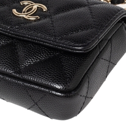 Pre Owned Chanel Black Caviar Leather CC Pearl Flap Coin Purse With Chain 