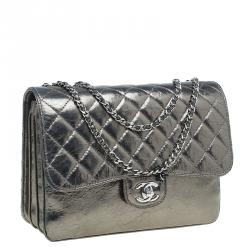 Pre Owned Chanel Metallic Gun Metal Crackled Leather Medium Clams Pocket Flap Bag