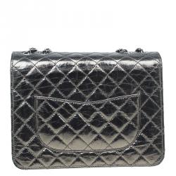 Pre Owned Chanel Metallic Gun Metal Crackled Leather Medium Clams Pocket Flap Bag