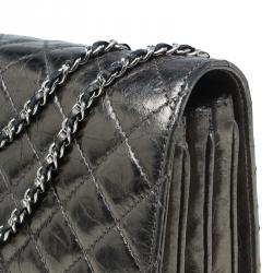 Pre Owned Chanel Metallic Gun Metal Crackled Leather Medium Clams Pocket Flap Bag