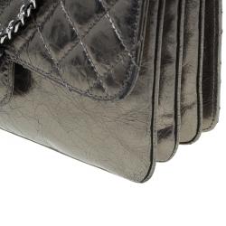 Pre Owned Chanel Metallic Gun Metal Crackled Leather Medium Clams Pocket Flap Bag