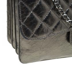 Pre Owned Chanel Metallic Gun Metal Crackled Leather Medium Clams Pocket Flap Bag