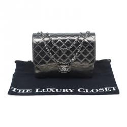 Pre Owned Chanel Metallic Gun Metal Crackled Leather Medium Clams Pocket Flap Bag