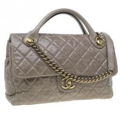 Pre Owned Chanel Beige Quilted Glazed Leather Medium Castle Rock Top Handle Bag