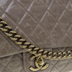 Pre Owned Chanel Beige Quilted Glazed Leather Medium Castle Rock Top Handle Bag
