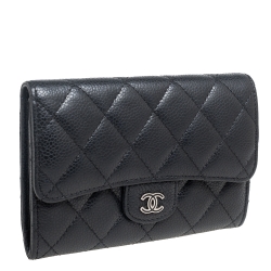 Pre Owned Chanel Black Caviar Leather Medium Flap Wallet