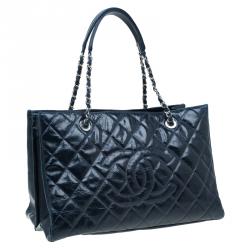 مملوكة مسبقًا حقيبة شانيل لارج غراند شوبر جلد أزرق داكن لامع مجعد XL