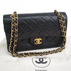 Pre Owned Chanel Black Lambskin Double Flap Shoulder Bag