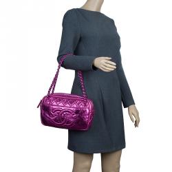 Pre Owned Chanel Metallic Pink Glazed Crackled Leather Modern Chain Camera Bag