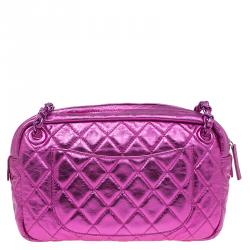 Pre Owned Chanel Metallic Pink Glazed Crackled Leather Modern Chain Camera Bag