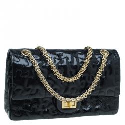 Pre Owned Chanel Black Patent Leather Puzzle 2.55 Reissue Classic 225 Flap Bag