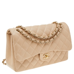 مملوكة مسبقًا حقيبة قلاب شانيل قلاب واحد جامبو كلاسيك جلد مبطن بيج
