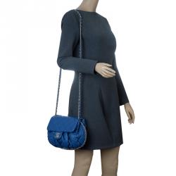 Pre Owned حقيبة كتف شانيل جلد أزرق مبطن متوسطة بسلسلة محيطة