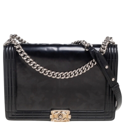 Pre Owned Chanel Black Patent Leather Large Boy Flap Bag