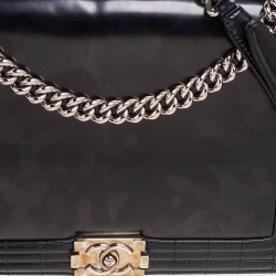 Pre Owned Chanel Black Patent Leather Large Boy Flap Bag