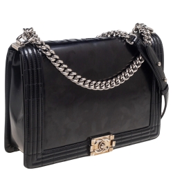 Pre Owned Chanel Black Patent Leather Large Boy Flap Bag