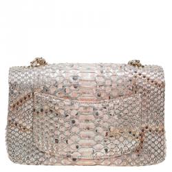 مملوكة مسبقًا حقيبة شانيل قلاب كلاسيك جلد ثعبان ذهبي/ وردي