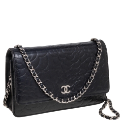 Pre Owned Chanel Black Camellia Embossed Leather CC Flap Wallet On Chain