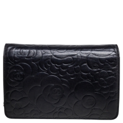 Pre Owned Chanel Black Camellia Embossed Leather CC Flap Wallet On Chain