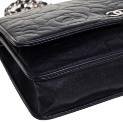 Pre Owned Chanel Black Camellia Embossed Leather CC Flap Wallet On Chain