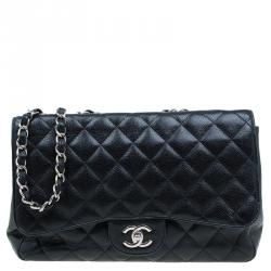 Pre Owned Chanel Black Quilted Caviar Leather Jumbo Classic Single Flap Bag