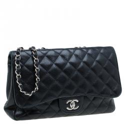 Pre Owned Chanel Black Quilted Caviar Leather Jumbo Classic Single Flap Bag