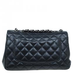 Pre Owned Chanel Black Quilted Caviar Leather Jumbo Classic Single Flap Bag