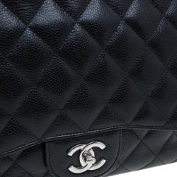 Pre Owned Chanel Black Quilted Caviar Leather Jumbo Classic Single Flap Bag
