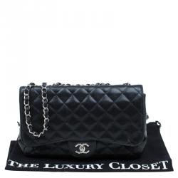 Pre Owned Chanel Black Quilted Caviar Leather Jumbo Classic Single Flap Bag