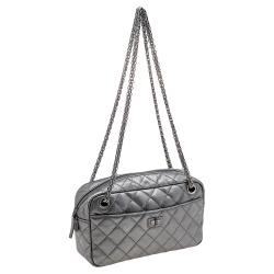 Pre Owned Chanel Metallic Grey Quilted Leather Reissue Camera Bag
