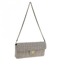 Pre Owned Chanel Grey Quilted Chocolate Bar Tweed East West Flap Bag