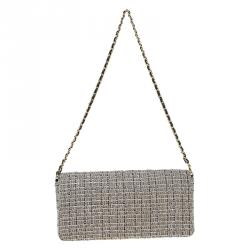 Pre Owned Chanel Grey Quilted Chocolate Bar Tweed East West Flap Bag