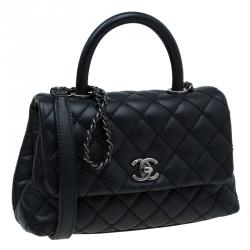 Pre Owned Chanel Black Quilted Caviar Leather Mini Coco Top Handle Bag