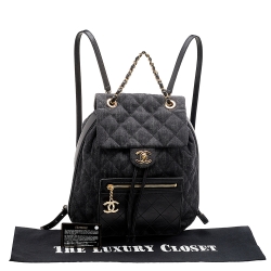 Pre Owned Chanel Grey/Black Quilted Denim and Leather CC Backpack